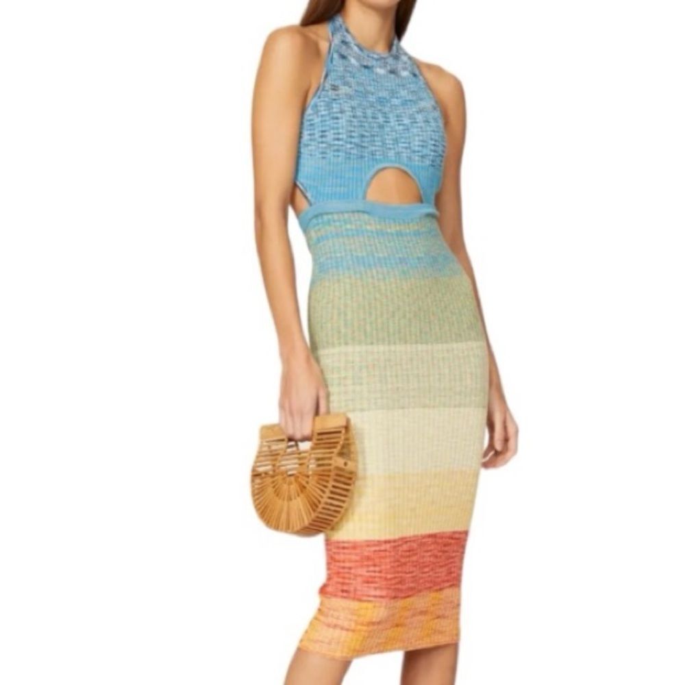 Staud size large ribbed knit dress multi color stretchy blue green yellow red